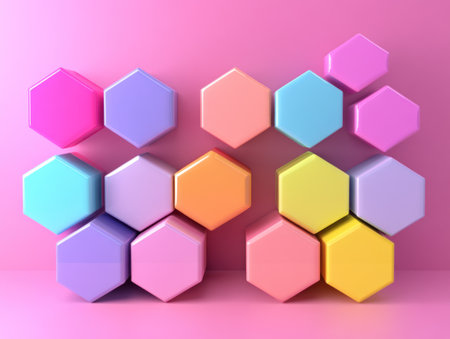 3D rendering of colorful hexagons with a pink background. Abstract geometric shapes in pastel colors. A podium for product presentation, a showcase scene, and a mock-up design template. --ar 4:3 --v 6.1 Job ID: f38050cf-a950-4eb9-8f22-2b7f8461115fの素材