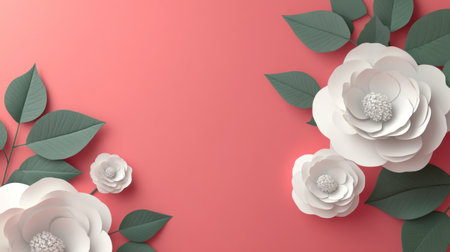 3D render of white roses with green leaves on a pink background. Floral border, floral decoration for a wedding card or packaging design. --chaos 30 --ar 16:9 --v 6.1 Job ID: 96e623e3-8956-402c-8084-28a96d49424eの素材