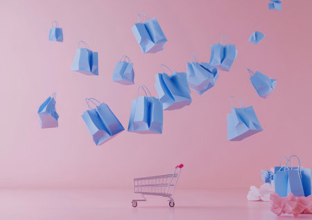 3D render of flying blue shopping bags and a shopping cart on a pink background. White space around for text or design. E-commerce concept. Minimalistic, simple style. Simple shapes. Pastel colors. Clean. Realistic. High resolution. Unreal Engine. --ar 7:5 --v 6.1 Job ID: 39f973bb-842f-44ef-afb3-702ffb1dabedの素材