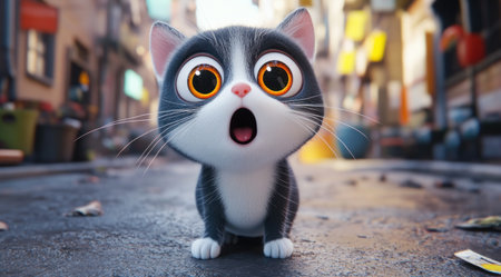 3D render of a shocked cat on the street, with big eyes in a cartoon style, created using Octane rendering and Unreal Engine, with cinematic lighting and a detailed background. --ar 128:71 --v 6.1 Job ID: c095bcce-fa99-40fc-b254-8ec113820a50の素材