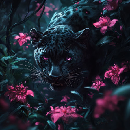 A black leopard prowling through the jungle, surrounded by vibrant pink flowers. The scene is rendered in a dark, fantastical art style, with a hyper-realistic and cinematic quality. --v 6.1 Job ID: 7b624ebd-5628-469e-9d81-2ef724b0a7a6の素材