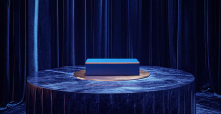 A blue rectangular box and a gold rectangle are placed on the circular table, surrounded by navy velvet curtains, with a dark background, soft lighting, high contrast, minimalist style, metallic texture, geometric shapes, modern design elements, product photography, and cool tones. --ar 29:15 --v 6.1 Job ID: 0caae129-e464-4a1d-a27b-b248aeeb183bの素材
