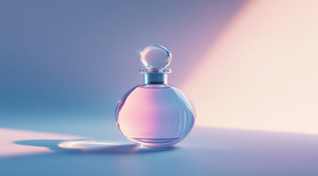 3D render of a glass perfume bottle on a blue background, in a minimalistic style, with soft lighting, high-resolution photography, insanely detailed with fine details, isolated on a plain background, a stock photo, with professional color grading, white and pink shadows, and volumetric light. --ar 128:71 --v 6.1 Job ID: becf17f7-f543-4472-a4b0-9cba647d840eの素材