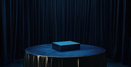 A blue rectangular box and a gold rectangle are placed on the circular table, surrounded by navy velvet curtains, with a dark background, soft lighting, high contrast, minimalist style, metallic texture, geometric shapes, modern design elements, product photography, and cool tones. --ar 29:15 --v 6.1 Job ID: 0caae129-e464-4a1d-a27b-b248aeeb183bの素材
