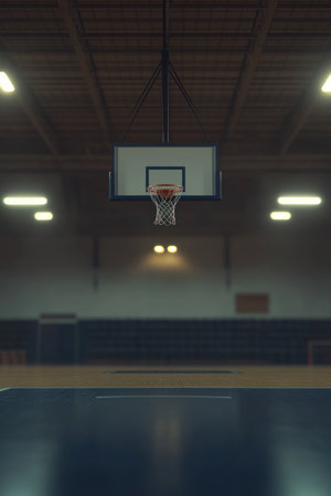 A basketball hoop in an indoor gym, blurred background, cinematic lighting, bokeh effect, soft light, dark blue and white color scheme, low-angle shot, camera angle is on the ground looking up at the backboard, photorealistic, Octane render, high-resolution photography, hyperrealistic photography, ultra-detailed, sharp focus, high detail. --ar 85:128 --v 6.1 Job ID: 369ca18c-7d54-4101-953c-61fe0cbe0033の素材