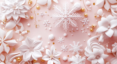 3D snowflakes and flowers, pale pink background, white and gold accents, high resolution, high detail, hyperrealistic --ar 128:71 --v 6.1 Job ID: 9c1a2243-5633-4283-8b76-eceda9103fdbの素材