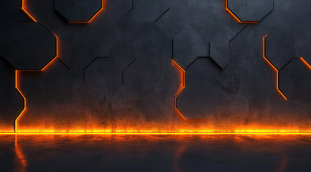 3D render of a dark grey wall with hexagonal tiles and orange light emanating from the bottom. --ar 128:71 --v 6.1 Job ID: fcbcc0ac-dc5b-4dde-ba89-76b926531b78の素材