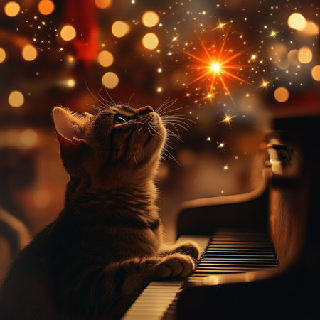 A cat playing the piano, looking up at an orange star shining above it, surrounded by twinkling stars and bokeh lights. The scene is bathed in warm hues of golden light with a magical touch. High-resolution photography, realistic photo in the style of a professional photographer. --v 6.1 Job ID: 760306b3-7725-4542-ae22-bde6f9fd0be3の素材