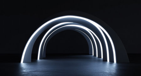 3D render, an abstract futuristic tunnel with glowing white arches on a black background. An abstract minimalist scene for product presentation in e-commerce, in the style of 3D rendering. --ar 28:15 --v 6.1 Job ID: b71e54cc-1c96-46a4-ac0d-a995f2a0dc20の素材