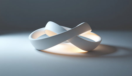 3D render of two intertwined white rings, glowing in the light on a grey background. Created in Blender and Cinema 4D, with space around the edges. --ar 26:15 --v 6.1 Job ID: 2ab9626a-ec46-44e2-99df-6a479b4d4355の素材