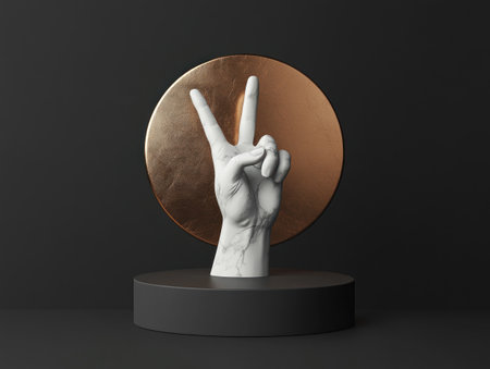 3D render of a white marble hand making a V sign on a podium with a copper circle and a black background, in a minimalist style, high resolution. --ar 4:3 --v 6.1 Job ID: 3f9ef030-8060-4a13-ae46-87212cd03cccの素材