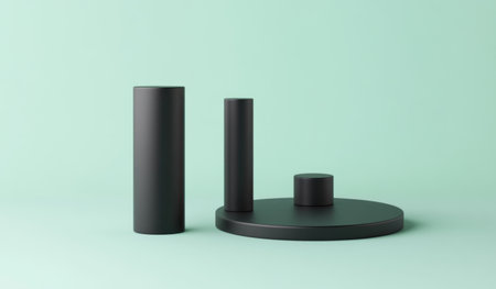 3D render of simple geometric shapes like a cylinder, cube, and circular platform on a light green background with copy space for product presentation mock-up. --ar 17:10 --v 6.1 Job ID: 87446d29-f2a2-4daa-900e-4b0b451e54d3の素材
