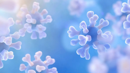 A blue background with several gray and white, tech-shaped, indigo-branched virus cells floating, some of which have visible rounded bulges on their surface. The scene is captured in high resolution using a Canon EOS R5 camera with an EF lens at an f/8 aperture setting to emphasize the details of each cell against the soft blue light. This is a highly detailed, realistic digital artwork that conveys science's understanding of microscopic elements, such as viruses. --chaos 30 --ar 16:9 --v 6.1 Job ID: dcd7685a-38f6-4090-a726-195f7f16db33の素材