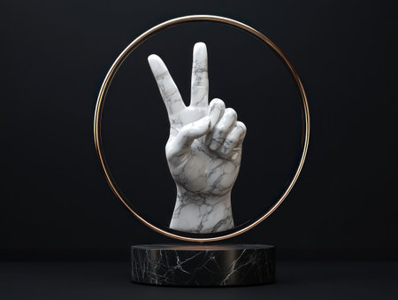 3D render of a white marble hand making the peace sign on a black background with copper and brass elements, simple shapes, minimalistic design, matte finish, high resolution, photorealism, hyper-realistic, Octane rendering, studio lighting, volumetric lighting, dark grey background, circular frame, geometric composition, floating display stand. --ar 4:3 --v 6.1 Job ID: cb8b22f8-f3db-4e86-b3c1-fa27fd1863e4の素材