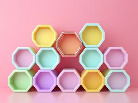 3D rendering of colorful hexagons with a pink background. Abstract geometric shapes in pastel colors for product presentation. A minimalistic empty scene, an empty podium, a pedestal for display mockup. --ar 4:3 --v 6.1 Job ID: cc1acde3-5458-4cdc-bdba-69e1fedd5ca3の素材