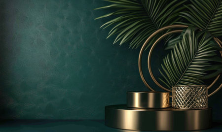3D render of an abstract geometric background with a gold and metallic podium platform, palm leaf, and circular elements on a dark green wall. --ar 5:3 --v 6.1 Job ID: c3fbbc8f-4aec-431e-b652-f38e1b26dbd3の素材