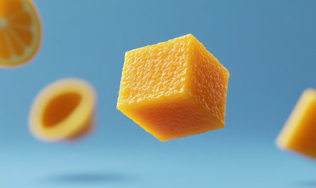 3D rendering of floating orange cubes on a blue background. Abstract, simple illustration with moving, square blocks. Vector geometric shapes for graphic design and web banners. An orange cube cloud. Yellow. --ar 5:3 --v 6.1 Job ID: d7b6a1ac-e16c-49a6-9e4f-d1d6e4a705a5の素材