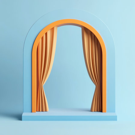 3D render of a simple arched window with curtains on a cyan background, using an orange and blue color palette in a minimalistic style, presented in an isometric view. --v 6.1 Job ID: 06a50f74-501b-452b-a665-26ba9e5e5e48の素材