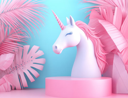 3D render, abstract tropical background with a podium in pink and blue colors for product presentation design, featuring palm leaves, geometric shapes, and a cute unicorn head on a pastel paper texture. --ar 13:10 --v 6.1 Job ID: 2a85867d-2bd9-4035-8c6a-522ab4fc7f4bの素材