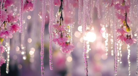 A beautiful pink cherry blossom tree with hanging icicles, the sun shines through the petals and reflects on sparkling water droplets, dreamy and romantic, macro photography, bokeh effect, pastel tones, purple background, blurred foreground, ultra-high definition images, delicate details, natural light, static composition. --ar 128:71 --v 6.1 Job ID: 9a46be32-cfe3-486e-a42b-0fbf0295971bの素材