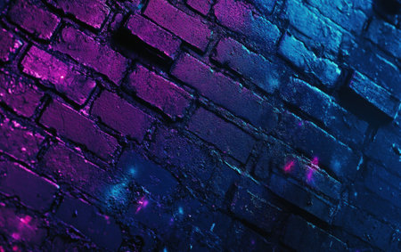 A brick wall background with neon lights, in shades of purple and blue. --ar 8:5 --v 6.1 Job ID: adee2114-6a47-4282-8a98-d65a1c3da2dbの素材