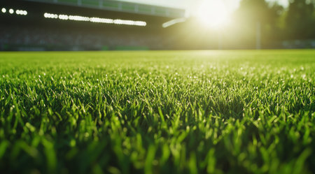 A close-up shot of the green grass on an empty football field, illuminated by sunlight. The focus is sharp and clear, capturing every detail in high resolution. In front of it stands a soccer stadium with fans cheering. This scene conveys excitement for the match to begin. Shot using a Canon EOS-1D X Mark III camera with an EF lens at an f/2.8 aperture setting. --ar 128:71 --v 6.1 Job ID: 01567b87-3a51-477c-8d4a-16236fda14e6の素材