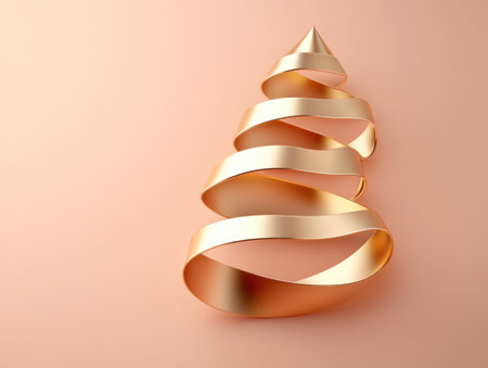 A minimalist golden ribbon in the shape of a Christmas tree on a pastel peach background, 3D illustration. --ar 4:3 --v 6.1 Job ID: 9b07d185-f240-4efc-acd3-e66be6626d45の素材