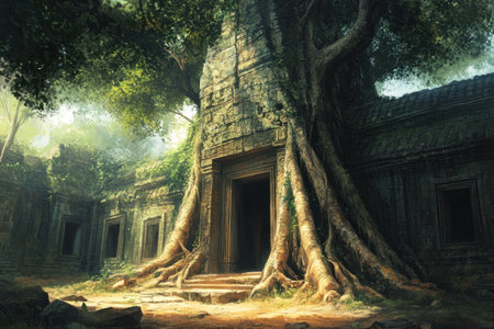 A large tree with roots growing around an ancient stone gate in the city of Angkor Wat, in the style of Anier320. --ar 3:2 --v 6.1 Job ID: 878f269d-d995-4d7a-b985-269f8e436d80の素材
