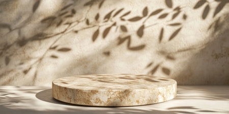 A minimalist podium for product presentation with a beige background and a shadow of leaves, creating an elegant display space. The soft light accentuates the textures on both side surfaces of the round stone, providing visual depth to showcase your products in style. --ar 2:1 --v 6.1 Job ID: 43d19eb9-e515-403f-95a8-9d82c98abce1の素材