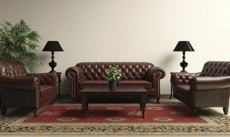 A living room with a leather sofa, two armchairs, and a coffee table. There is one plant in the corner of the white wall. The overall color scheme should be brown and grey. Black lamps are on each side of the furniture. Photorealistic. --ar 5:3 --v 6.1 Job ID: 90a45d31-7e7c-4d64-b097-4f1590f0ee24の素材