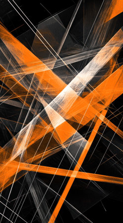A digital art piece featuring an orange and black background with geometric lines, creating a modern abstract pattern. The design includes a series of thin white lines in the center that resemble woven fabric threads or stripes, adding depth to the composition. This artwork is suitable for use as wallpaper on mobile devices, showcasing its dynamic texture against a dark backdrop. --ar 71:128 --v 6.1 Job ID: 6a0a3d18-4780-4108-97e2-8e38b7abc77fの素材