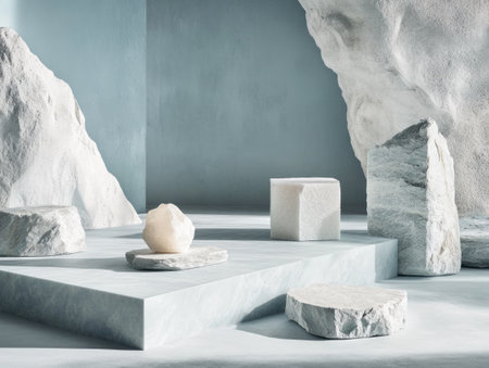 A minimalist and modern background with geometric shapes in light blue tones, featuring an empty podium for product display. The composition includes white stone blocks as decorative elements, creating a clean aesthetic. A soft shadow is cast on the floor to add depth, and there is space at both sides of the stage for additional products or items. This setup exudes simplicity while maintaining elegance through its minimalistic design. --ar 4:3 --v 6.1 Job ID: fdc12dcc-bdd8-4fa0-a985-a873bdf5b915の素材
