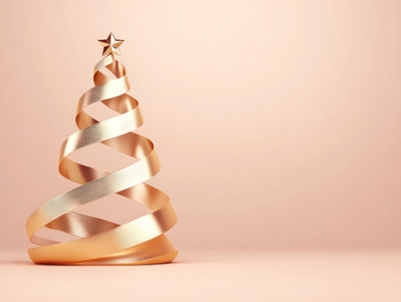 A minimalist golden Christmas tree made of a single long ribbon on a peach-colored background, 3D illustration. --ar 4:3 --v 6.1 Job ID: b760f647-6788-42c0-9e32-bb996f2f2ef2の素材