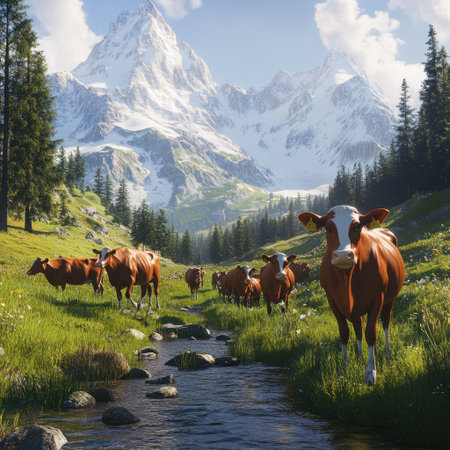 A herd of brown cows walking along the stream in a green meadow, with snow-capped mountains in the background, under a sunny sky, rendered in the style of Unreal Engine, with Pixar animation and photo-realistic techniques. --v 6.1 Job ID: 91c5fce2-1bf9-44f0-b6c5-222f0fc34c57の素材