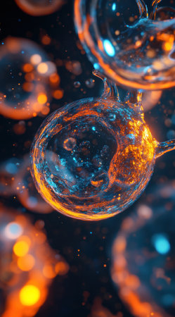 A digital art illustration of glowing orange and blue cells in an abstract pattern, with a dark background, hyper-realistic details, high resolution, and hyper-detailed renderings. The cell structure is depicted as intricate patterns with thin lines and shiny glass-like textures, creating the illusion that they form three-dimensional structures within each other. A close-up perspective highlights their unique designs, adding depth to the composition. --ar 71:128 --v 6.1 Job ID: 603fd856-bff1-47e5-b20b-946154324531の素材