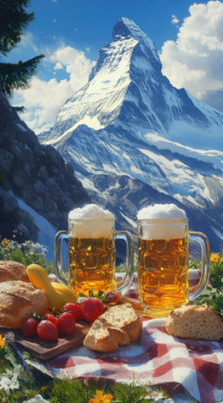 A picnic with large glass mugs of beer, bread, and fruit on a checkered cloth in front of the Matterhorn mountain, in the style of Maxfield Parrish. Oil painting, 3D, hyper-realistic. --ar 71:128 --v 6.1 Job ID: 8dab4685-4087-4fd6-a206-72a49a1a5145の素材