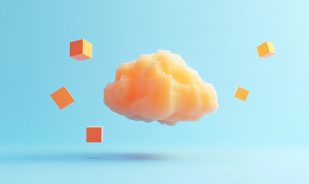 A minimalist, floating orange cube-shaped cloud against a blue background, in an isometric design style with simple shapes and a 3D rendering. The color scheme features orange and yellow, with some scattered cubes around the main object. The background should be a light blue. --ar 5:3 --v 6.1 Job ID: 581d11c6-2693-42de-a7ac-884cd5f14c61の素材