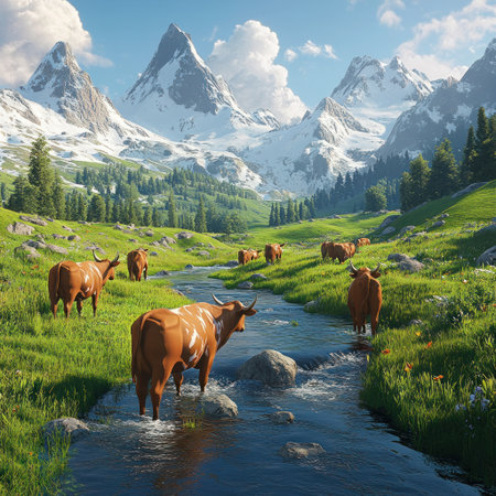 A herd of brown cows walking along the stream in a green meadow, with snow-capped mountains in the background, under a sunny sky, rendered in the style of Unreal Engine, with Pixar animation and photo-realistic techniques. --v 6.1 Job ID: 91c5fce2-1bf9-44f0-b6c5-222f0fc34c57の素材