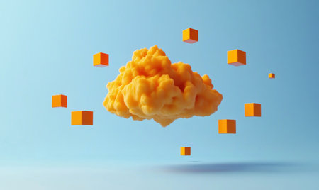 A minimalist, floating orange cube-shaped cloud against a blue background, in an isometric design style with simple shapes and a 3D rendering. The color scheme features orange and yellow, with some scattered cubes around the main object. The background should be a light blue. --ar 5:3 --v 6.1 Job ID: 581d11c6-2693-42de-a7ac-884cd5f14c61の素材