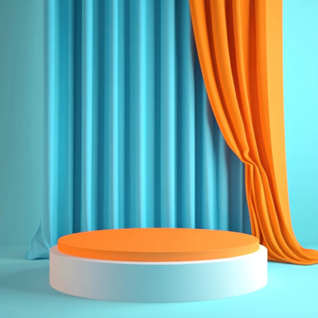 3D render of a podium with a curtain on a cyan background, featuring an orange and blue color scheme, simple shapes, flat design, a minimalistic style, a cute cartoonish character, soft lighting, smooth textures, geometric forms, a playful composition, no shadows, and a frontal view. --v 6.1 Job ID: 6154290f-f21a-44c2-93ff-629787fd5a5eの素材