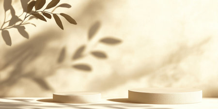 A minimalist background with two podiums, a beige wall, and shadows of leaves on the left side, creating an elegant setting for product presentation or display in e-commerce. --ar 2:1 --v 6.1 Job ID: 9c34c4ae-c077-4b14-af4a-52829180cd92の素材
