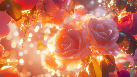 3D render of beautiful roses and flowers in a garden, with warm sunlight, lens flare, bokeh, close-up, low-angle shot, pink and orange tones, dreamlike, created using Unreal Engine and Octane rendering, hyper-realistic. --chaos 30 --ar 16:9 --v 6.1 Job ID: 8994e5a1-0709-4b04-81a5-35d11c1666f1の素材