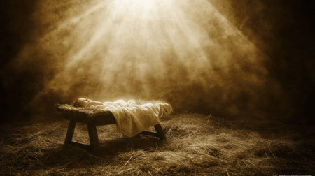 The baby Jesus lies in the manger, rays of light shining down on him from above. The cradle rests on hay and straw, the background showing an old wooden bed with soft blankets. The atmosphere around it exudes warmth and tenderness, symbolizing hope for all people who have come to Earth through his birth. This scene is in the style of a high-resolution, hyper-realistic Christmas card. --chaos 30 --ar 16:9 --v 6.1 Job ID: 3018f54f-7a42-4c73-b212-b42686a647f0の素材
