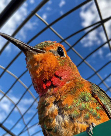 A photo of a hummingbird, perched on the edge of its cage with its head tilted to one side as if it is listening intently. The bird has vibrant orange and red feathers that contrast beautifully against the blue sky in the background. This shot captures it from close-up, highlighting intricate details like the texture of its wings and beak. --ar 13:16 --v 6.1 Job ID: 9643dee7-ca79-4deb-bec7-03e4422eaf54の素材