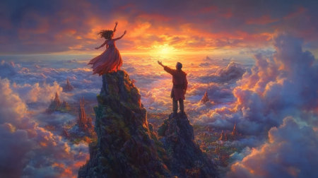 A father with his daughter on his shoulders at sunset, enjoying the view of nature and the sky from atop a mountain peak. The girl is reaching out to touch the sun as it sets behind them. A colorful sky with hues of orange and pink bathes everything in an ethereal glow. --chaos 30 --ar 16:9 --v 6.1 Job ID: ea2cd7d1-f2bd-4484-a327-1d9da9ae8baaの素材
