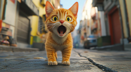 3D render of a shocked cat on the street, in a cartoon style, using Octane rendering, with hyper-detailed, cinematic, and hyper-realistic elements. --ar 128:71 --v 6.1 Job ID: d83fb05b-f2f6-4a30-9e96-398168b19e1dの素材