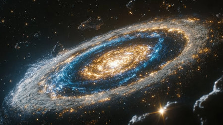 A black hole with a blue and orange accretion disk, surrounded by stars orbiting in space. --chaos 30 --ar 16:9 --v 6.1 Job ID: 21966323-1f8e-445b-824a-9fb5a0793612の素材