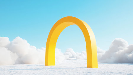 3D render of a yellow arch in the middle of a desert, with a minimal background and clouds. The style is simple and cute, with a colorful, high-resolution appearance. --ar 53:30 --v 6.1 Job ID: 8c0ec08e-49a5-4d91-9d8d-827e458ce262の素材