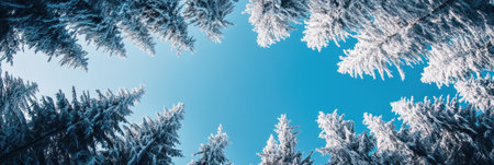 A clear blue sky with snow-covered trees, perfect for creating an elegant winter banner background. The high-resolution photograph captures the crisp details of each tree branch covered in white frost against the deepening blues of the sky. This scene is ideal for conveying coolness and elegance during wintry days. --ar 3:1 --v 6.1 Job ID: 94773100-47ad-4e87-bd32-b54d11916bb7の素材