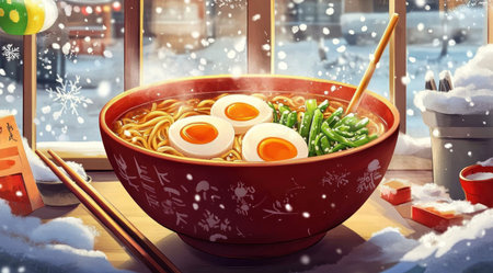 A bowl of ramen, featuring thick noodles and colorful eggs in the middle with green vegetables on top. The background is an indoor window scene, with a hand-drawn illustration style, featuring detailed illustrations, high resolution, warm tones, and a close-up perspective. It has cooking tools next to it, such as chopsticks or a spoon, while snowflakes fall outside through the glass windows. In winter, there's a sense of warmth from eating hot food in the style of a cozy, indoor setting. --ar 128:71 --v 6.1 Job ID: 77b7c51c-dd36-4af4-b203-2011bccea4d2の素材